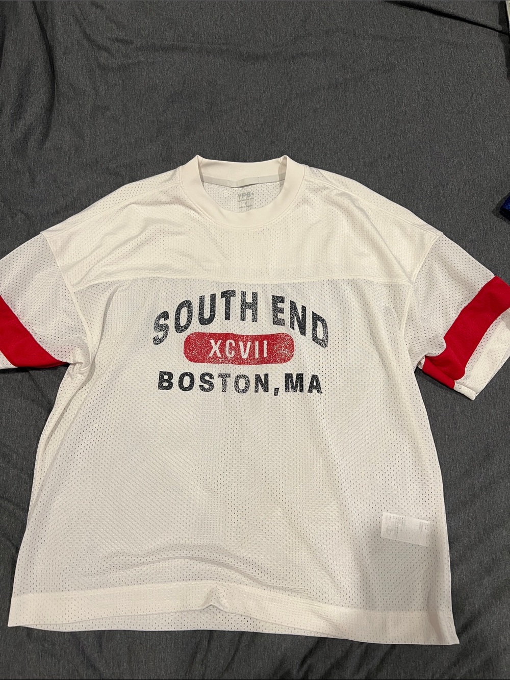 Abercrombie YPB South End Boston White & Red Mesh Graphic Jersey Tee